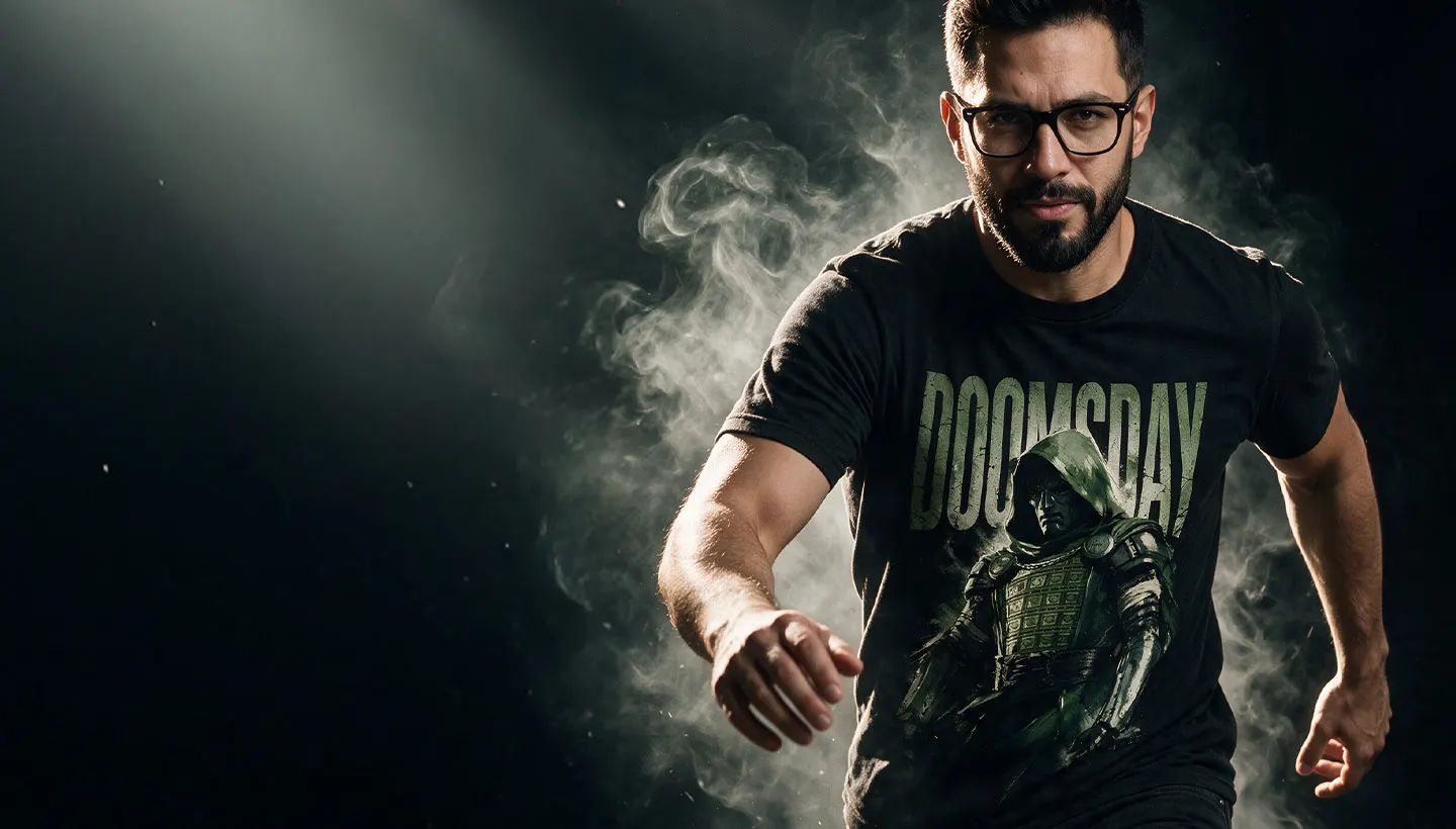 Cliente de Helldog con remera personalizada de Doomsday